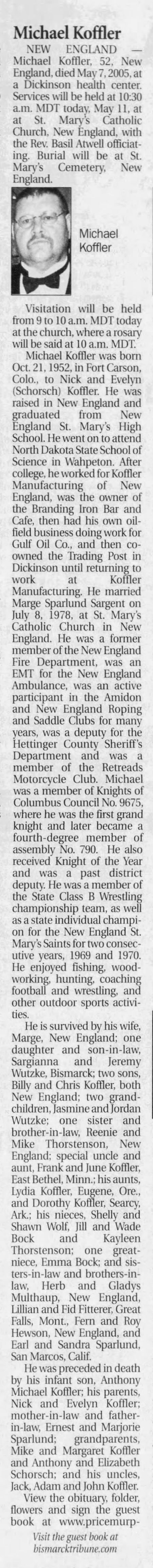 Michael A Koffler obituary May 2005.